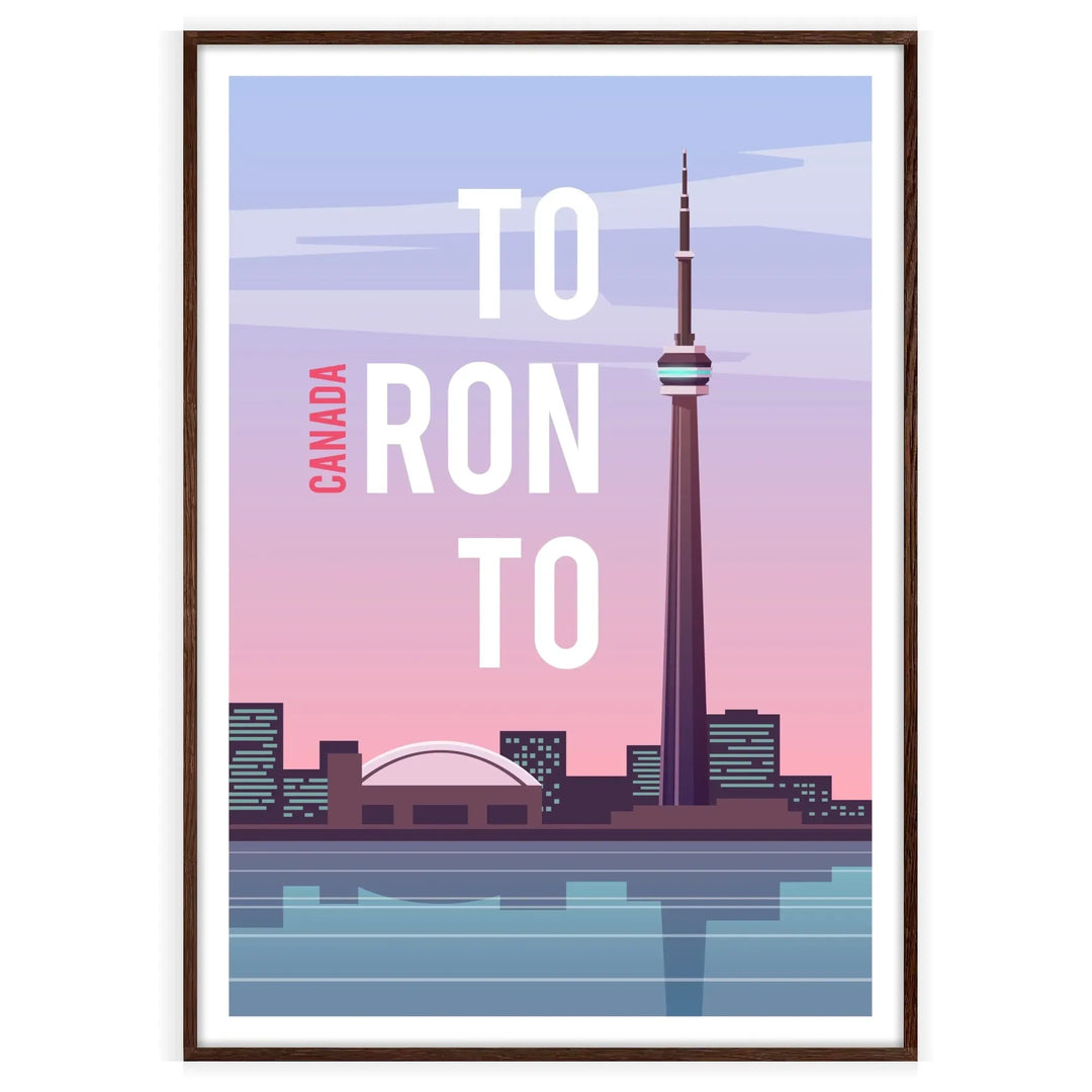 Torontas panorāmas ilustrācija purpura un zilās krāsās - riekstkoka rāmī
