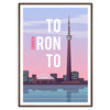 Torontas panorāmas ilustrācija purpura un zilās krāsās - riekstkoka rāmī