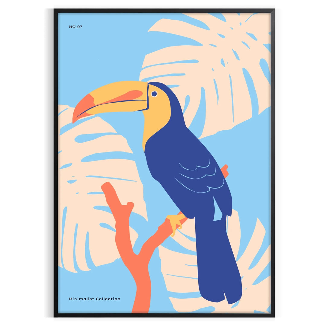 A colorful toucan perched on a branch with bright orange and blue feathers