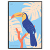 A colorful toucan perched on a branch with bright orange and blue feathers - in a black frame