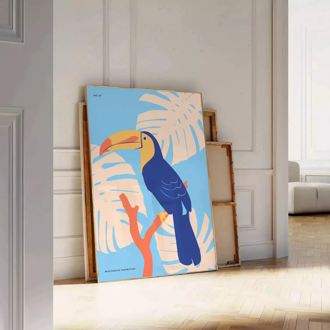 A colorful toucan perched on a branch with bright orange and blue feathers - leaning on a herringbone floor against a white panelled wall