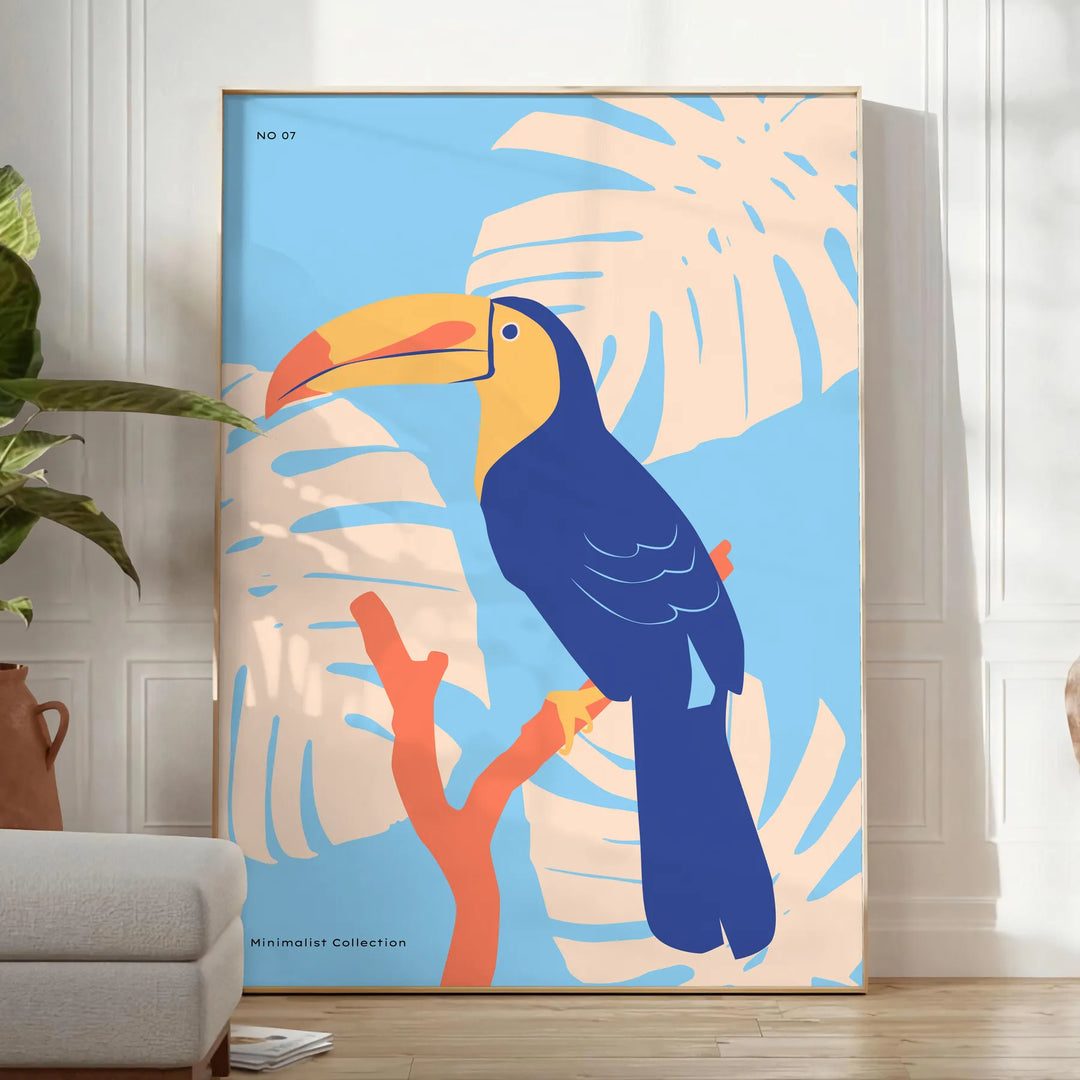 A colorful toucan perched on a branch with bright orange and blue feathers - in a bright minimalist room with a plant and an armchair