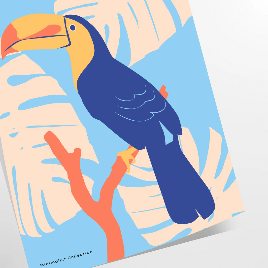 A colorful toucan perched on a branch with bright orange and blue feathers - as a rolled, unframed print