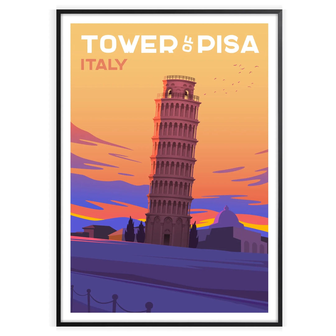 Illustration of the Leaning Tower of Pisa in muted purple and gray tones