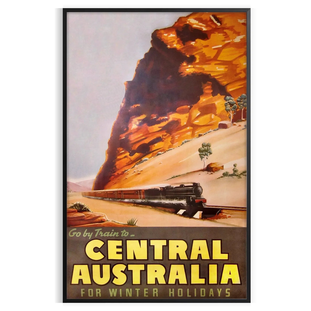 Illustration of a train traveling through lush Australian landscapes in green and blue tones