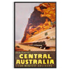 Illustration of a train traveling through lush Australian landscapes in green and blue tones - in a black frame