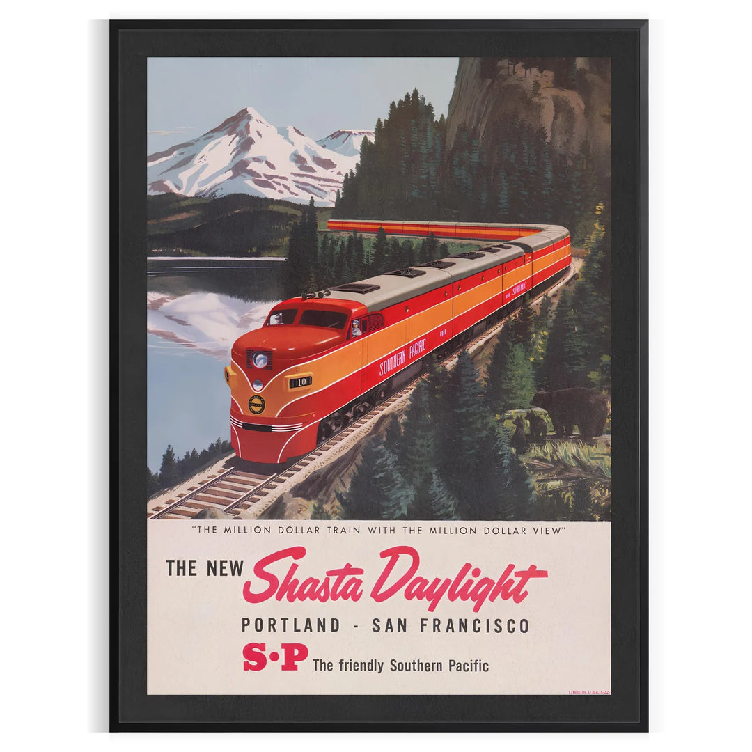 Vintage travel poster featuring a train traveling from Portland to San Francisco in orange and green tones