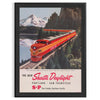 Vintage travel poster featuring a train traveling from Portland to San Francisco in orange and green tones - in a black frame