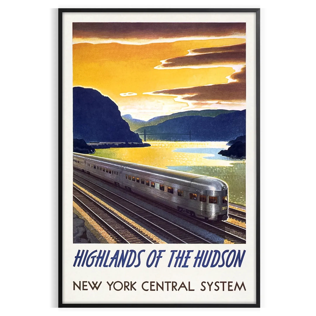 A vintage-style train travel poster featuring a gray and blue color palette