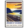A vintage-style train travel poster featuring a gray and blue color palette - in a black frame