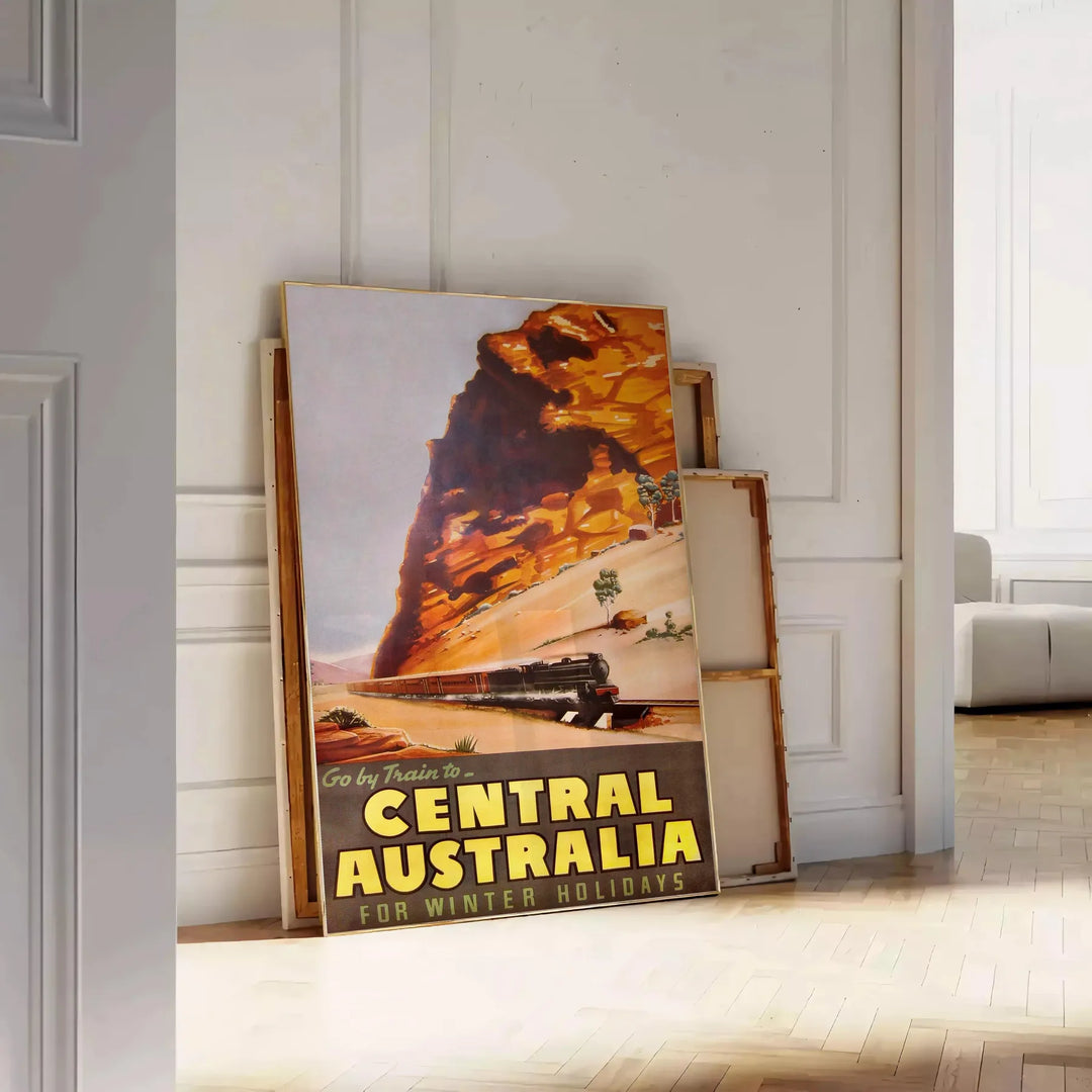 Illustration of a train traveling through lush Australian landscapes in green and blue tones - leaning on a herringbone floor against a white panelled wall