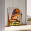 Illustration of a train traveling through lush Australian landscapes in green and blue tones - leaning on a herringbone floor against a white panelled wall