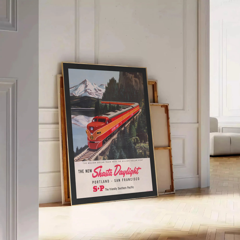 Vintage travel poster featuring a train traveling from Portland to San Francisco in orange and green tones