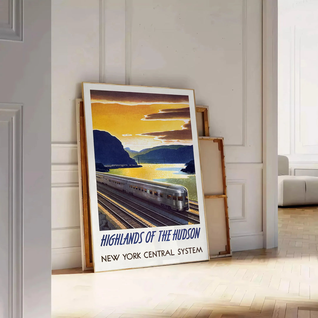 A vintage-style train travel poster featuring a gray and blue color palette - leaning on a herringbone floor against a white panelled wall