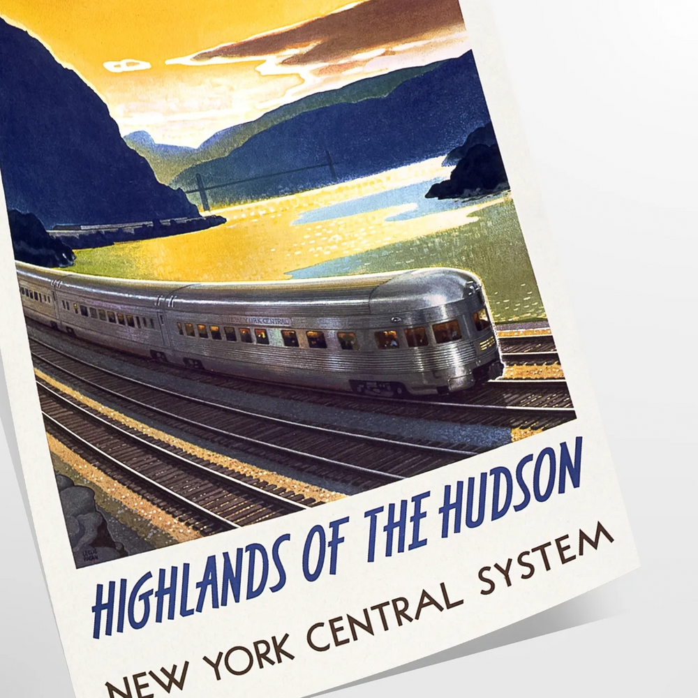 A vintage-style train travel poster featuring a gray and blue color palette