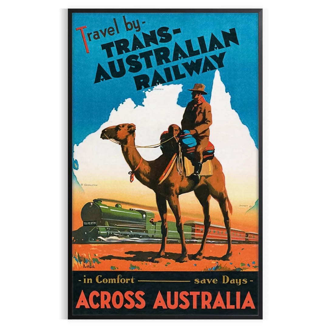 A vintage travel poster featuring a stylized landscape of Australia in black and blue tones