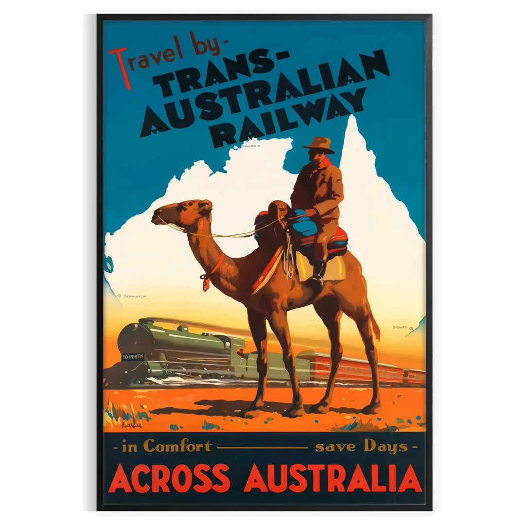Retro travel poster featuring the Trans Australian Railway with green and blue tones