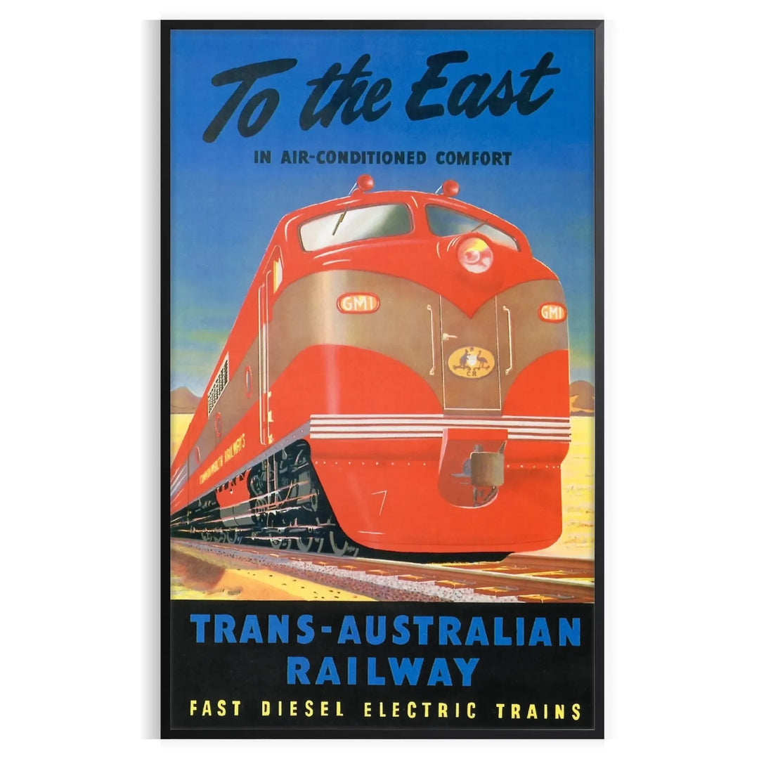 Vintage travel poster featuring the Trans Australian Railway in green and black hues