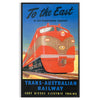 Vintage travel poster featuring the Trans Australian Railway in green and black hues - in a black frame