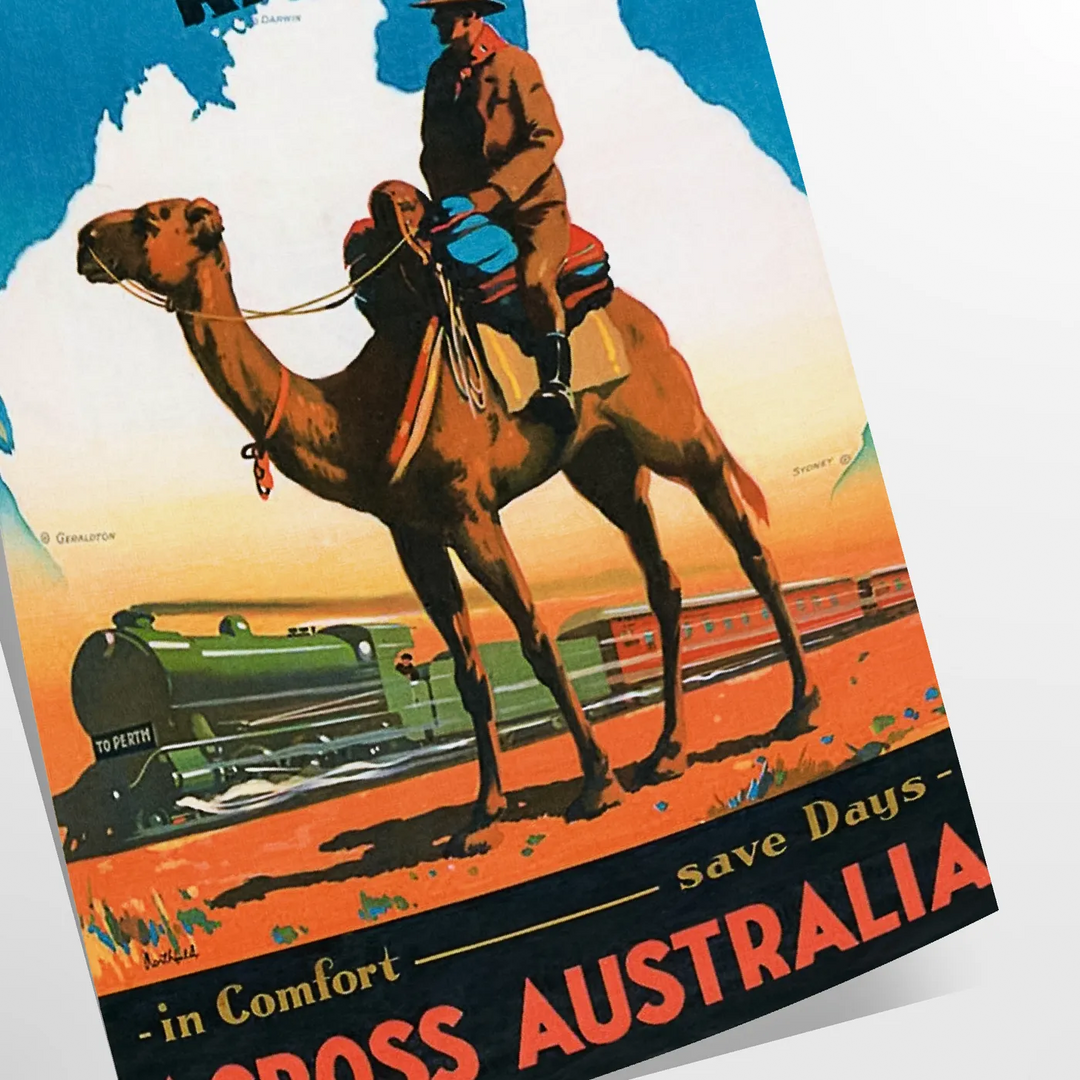 A vintage travel poster featuring a stylized landscape of Australia in black and blue tones - as a rolled, unframed print