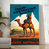 Retro travel poster featuring the Trans Australian Railway with green and blue tones - in a bright minimalist room with a plant and an armchair