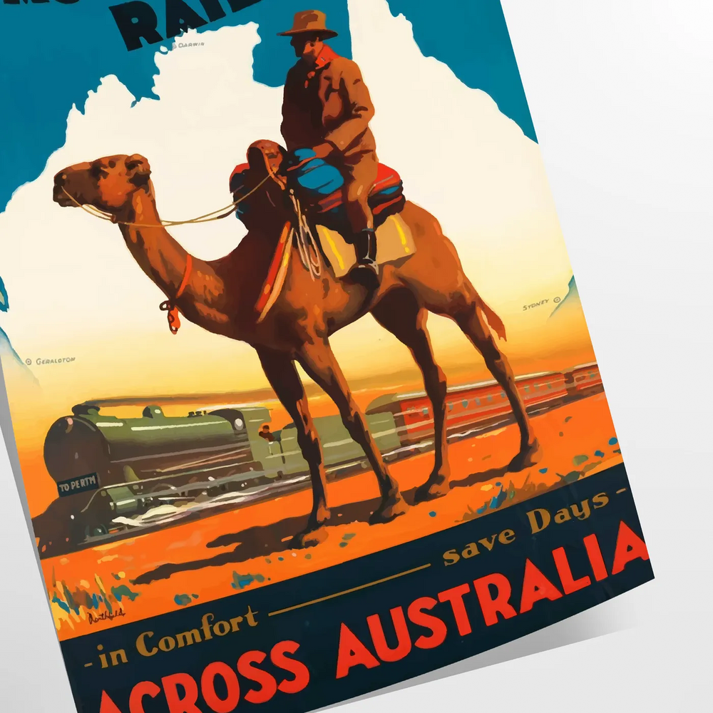 Retro travel poster featuring the Trans Australian Railway with green and blue tones