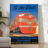 Vintage travel poster featuring the Trans Australian Railway in green and black hues - in a bright minimalist room with a plant and an armchair