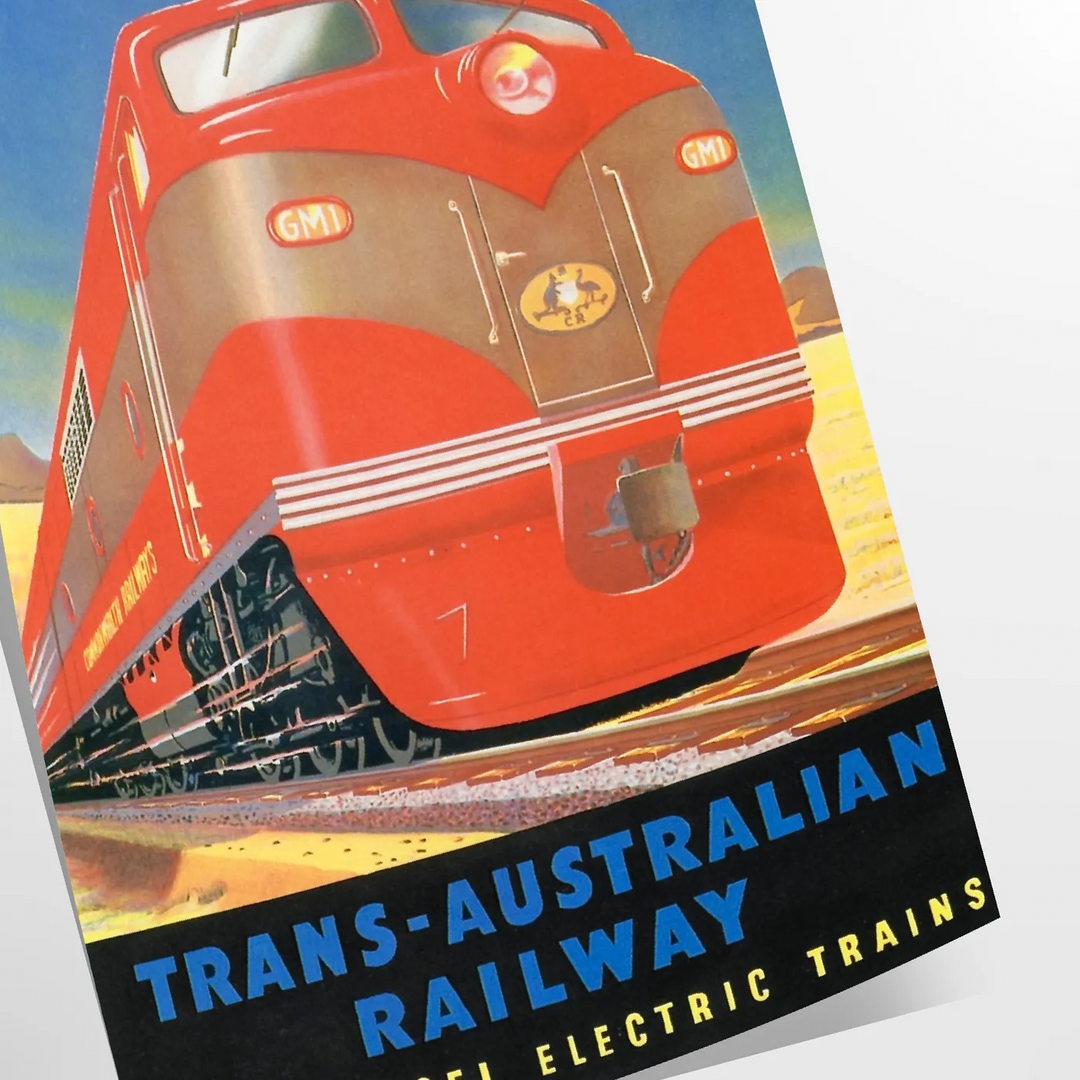 Vintage travel poster featuring the Trans Australian Railway in green and black hues - as a rolled, unframed print