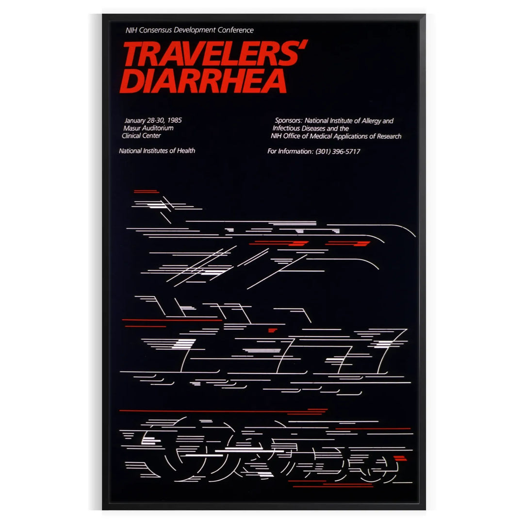 A humorous travel poster featuring a cartoonish traveler with a distressed expression, predominantly black and red colors.
