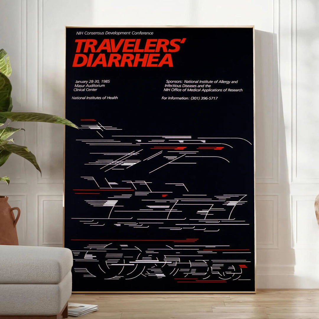A humorous travel poster featuring a cartoonish traveler with a distressed expression, predominantly black and red colors. - in a bright minimalist room with a plant and an armchair
