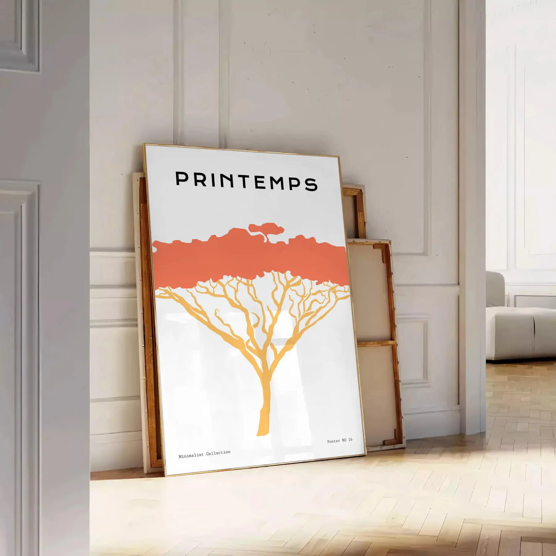 A stylized tree with various animal silhouettes in black and orange hues - leaning on a herringbone floor against a white panelled wall