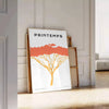A stylized tree with various animal silhouettes in black and orange hues - leaning on a herringbone floor against a white panelled wall