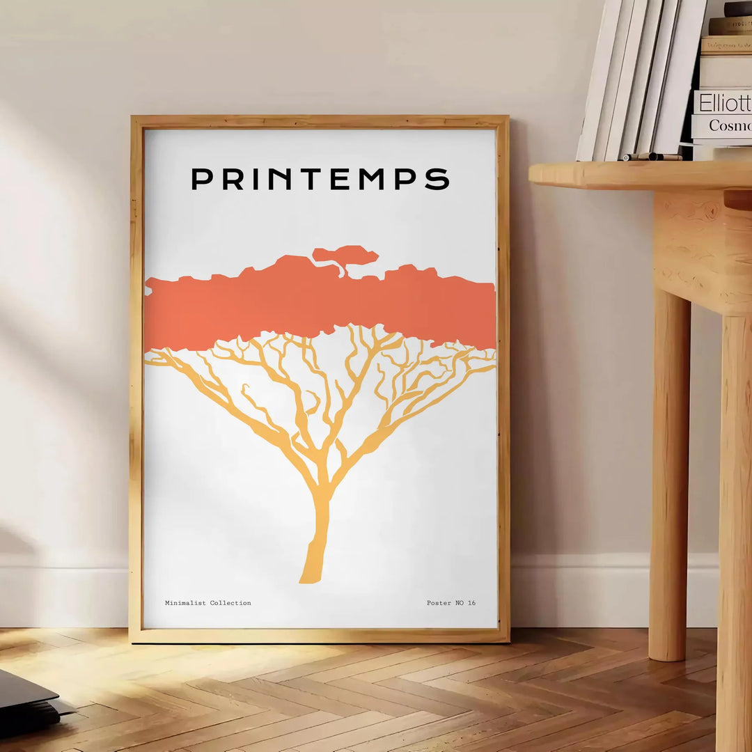A stylized tree with various animal silhouettes in black and orange hues - beside a round wooden side table with books