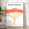 A stylized tree with various animal silhouettes in black and orange hues - in a bright minimalist room with a plant and an armchair