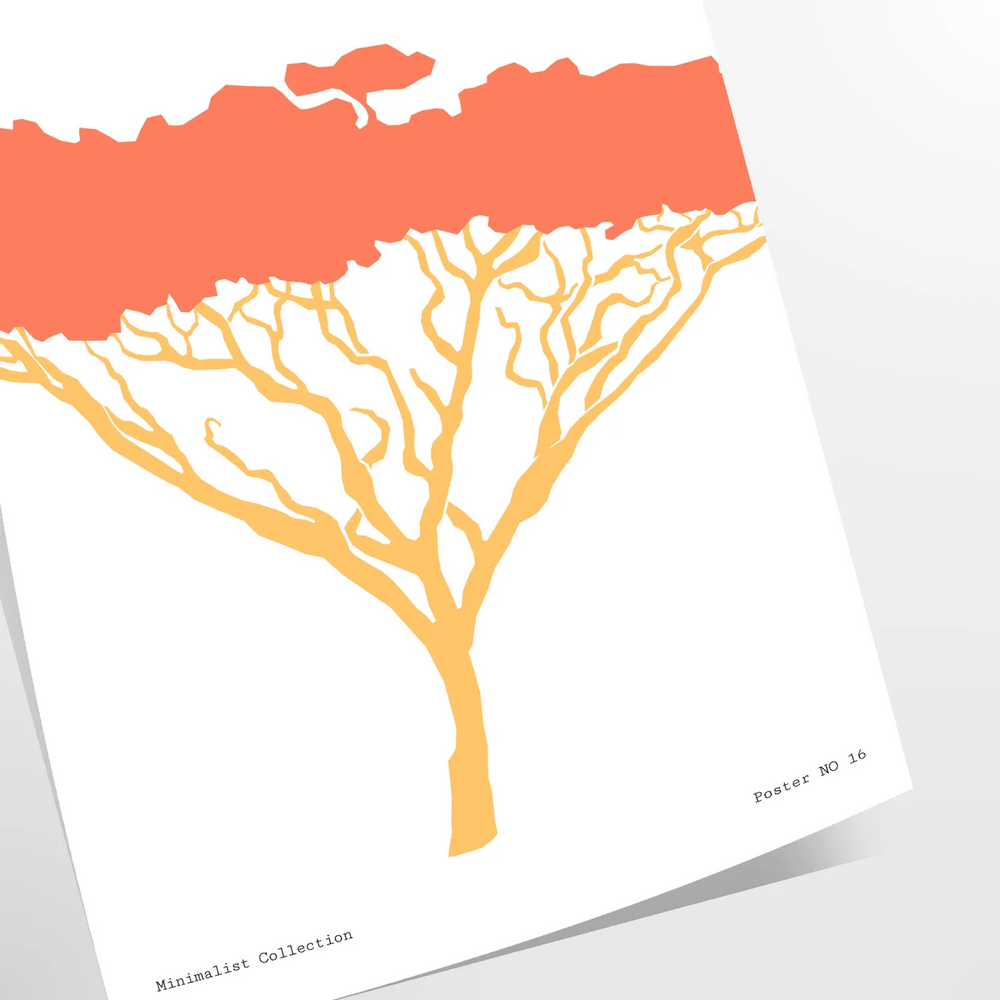A stylized tree with various animal silhouettes in black and orange hues
