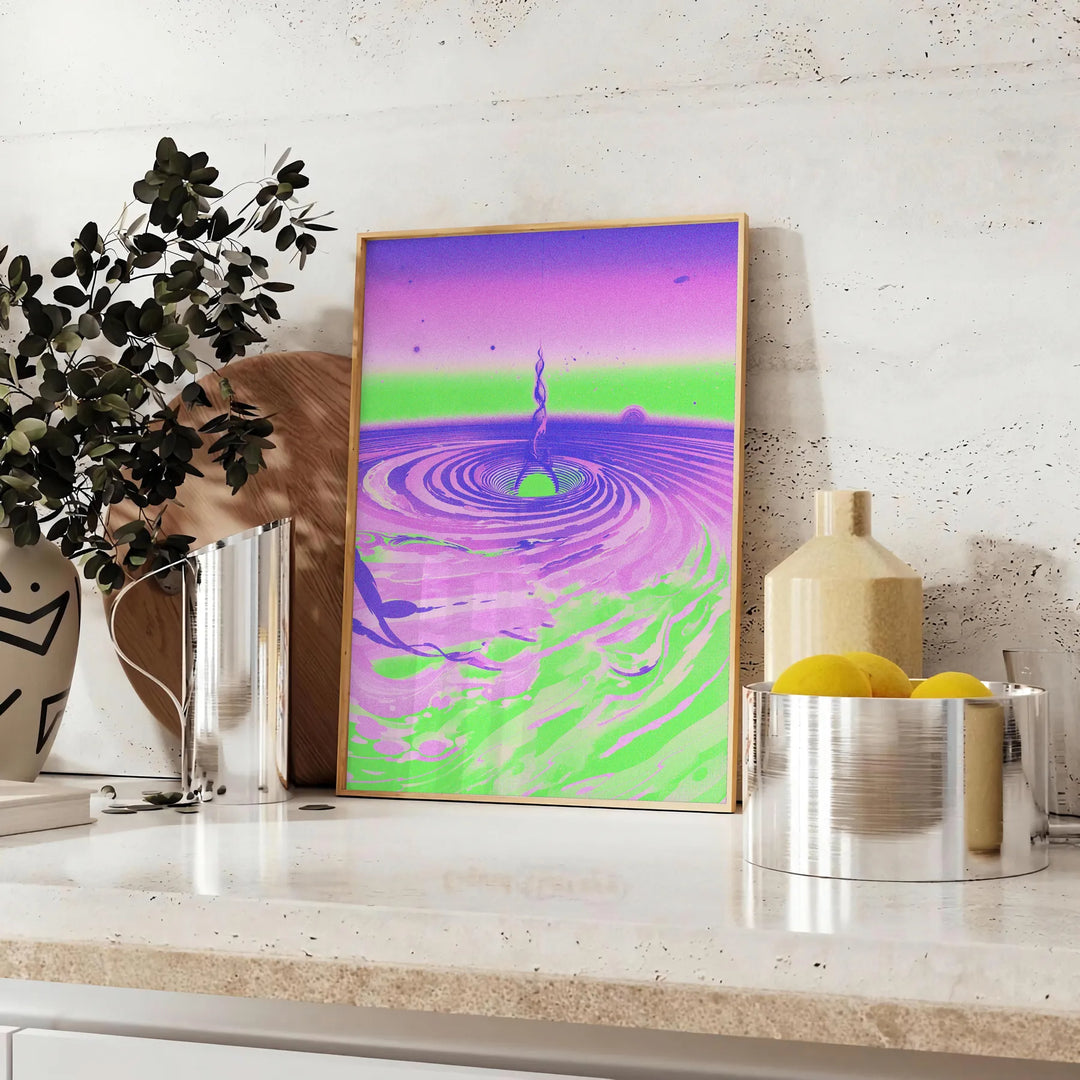Design abstrato com tons de verde e azul e formas geométricas - sobre uma bancada com eucalipto e uma taça de limões