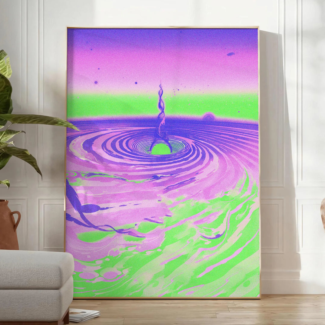 Design abstrato com tons de verde e azul e formas geométricas - num quarto luminoso e minimalista com planta e poltrona