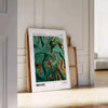 Abstract depiction of space with green and white tones - leaning on a herringbone floor against a white panelled wall