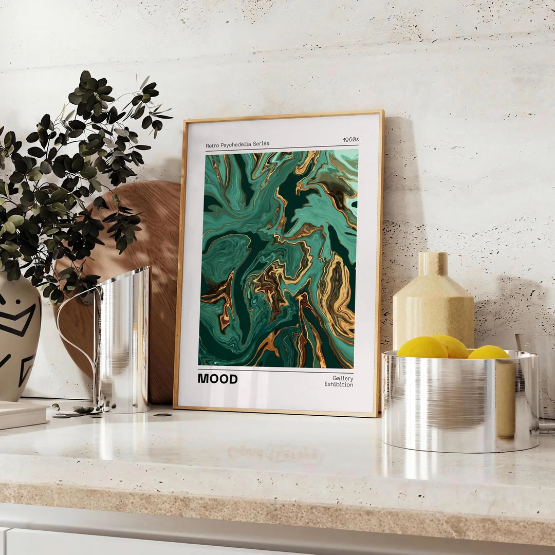 Abstract depiction of space with green and white tones - styled on a counter with eucalyptus and a bowl of lemons