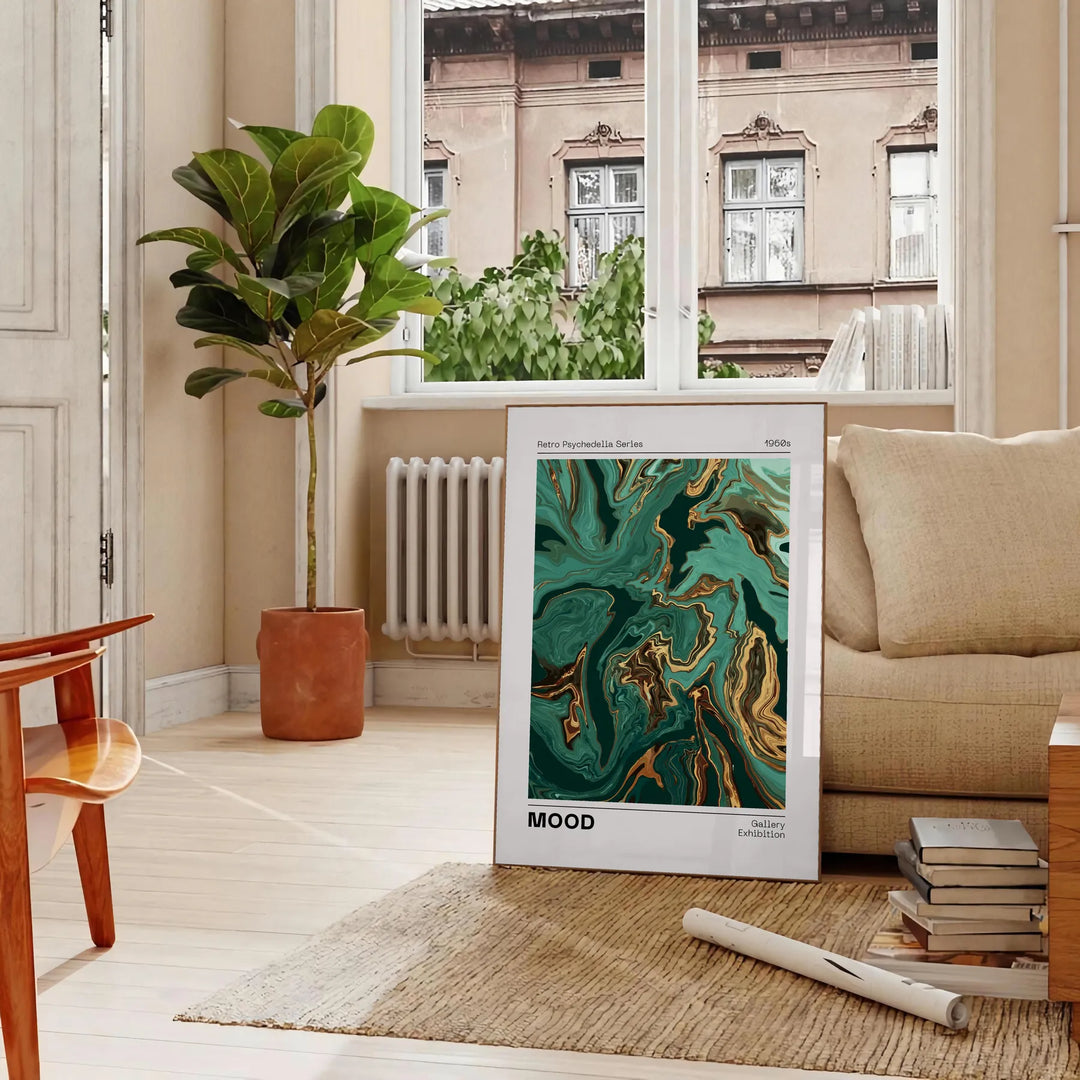 Abstract depiction of space with green and white tones - in a Parisian living room with a sofa and a fig plant