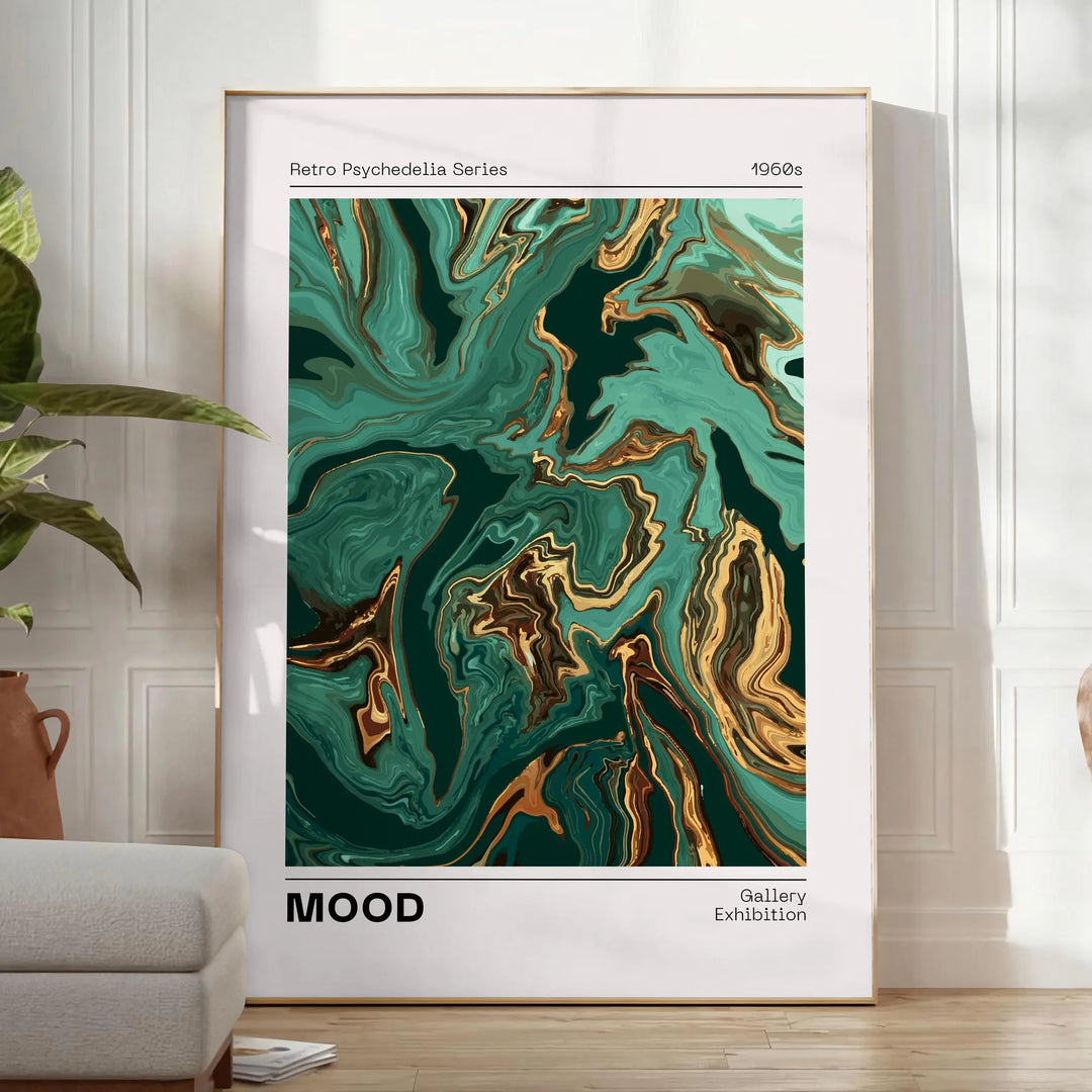 Abstract depiction of space with green and white tones - in a bright minimalist room with a plant and an armchair