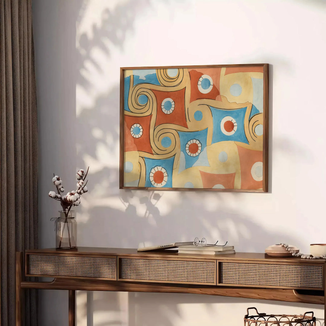 Abstract space design with gray and orange tones - styled on a counter with eucalyptus and a bowl of lemons