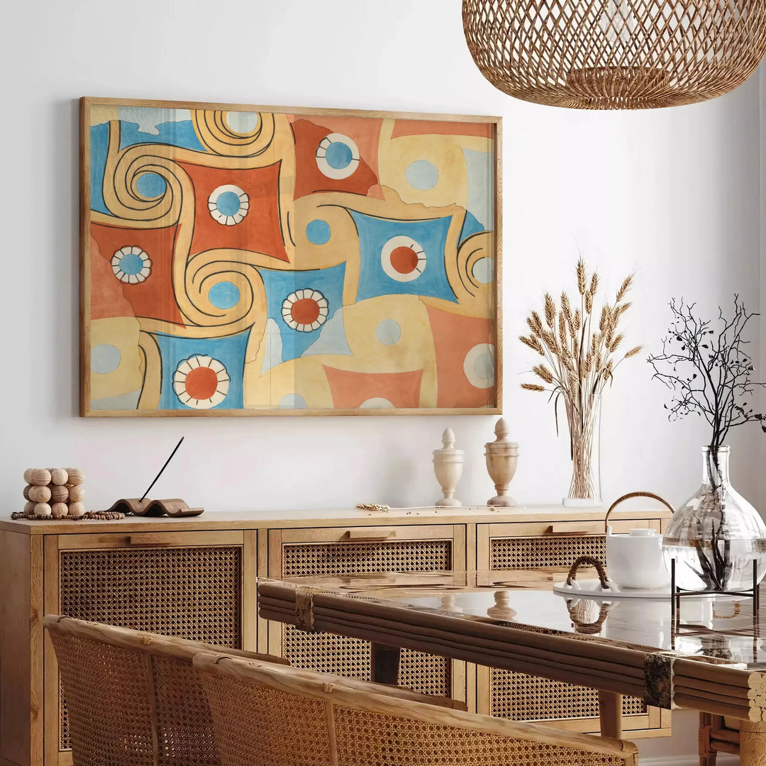 Abstract space design with gray and orange tones - in a Parisian living room with a sofa and a fig plant