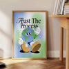 Abstract design featuring bold black and green colors with groovy text. - beside a round wooden side table with books