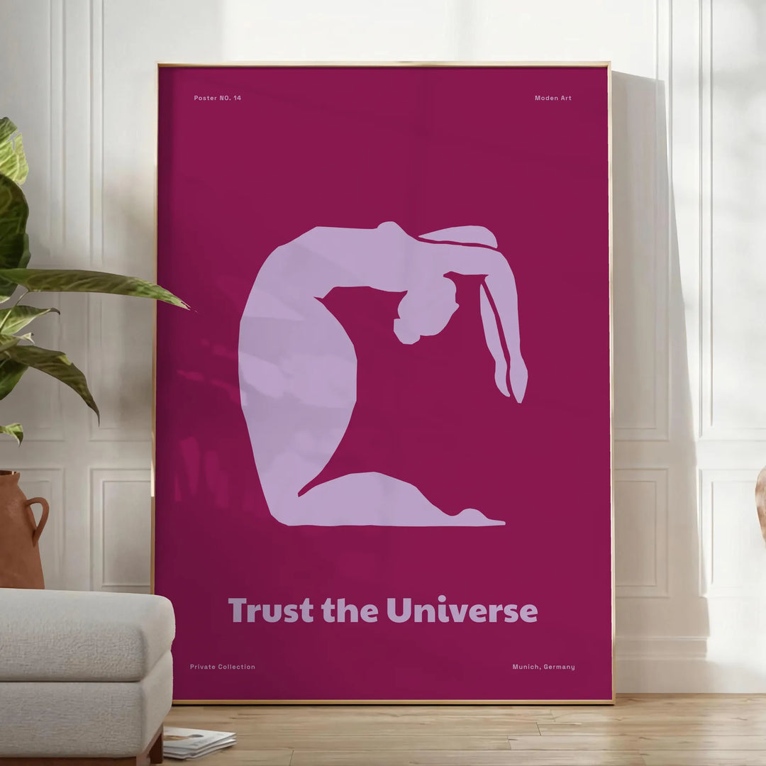 A cosmic scene featuring a meditative figure surrounded by swirling blue and purple galaxies - in a bright minimalist room with a plant and an armchair