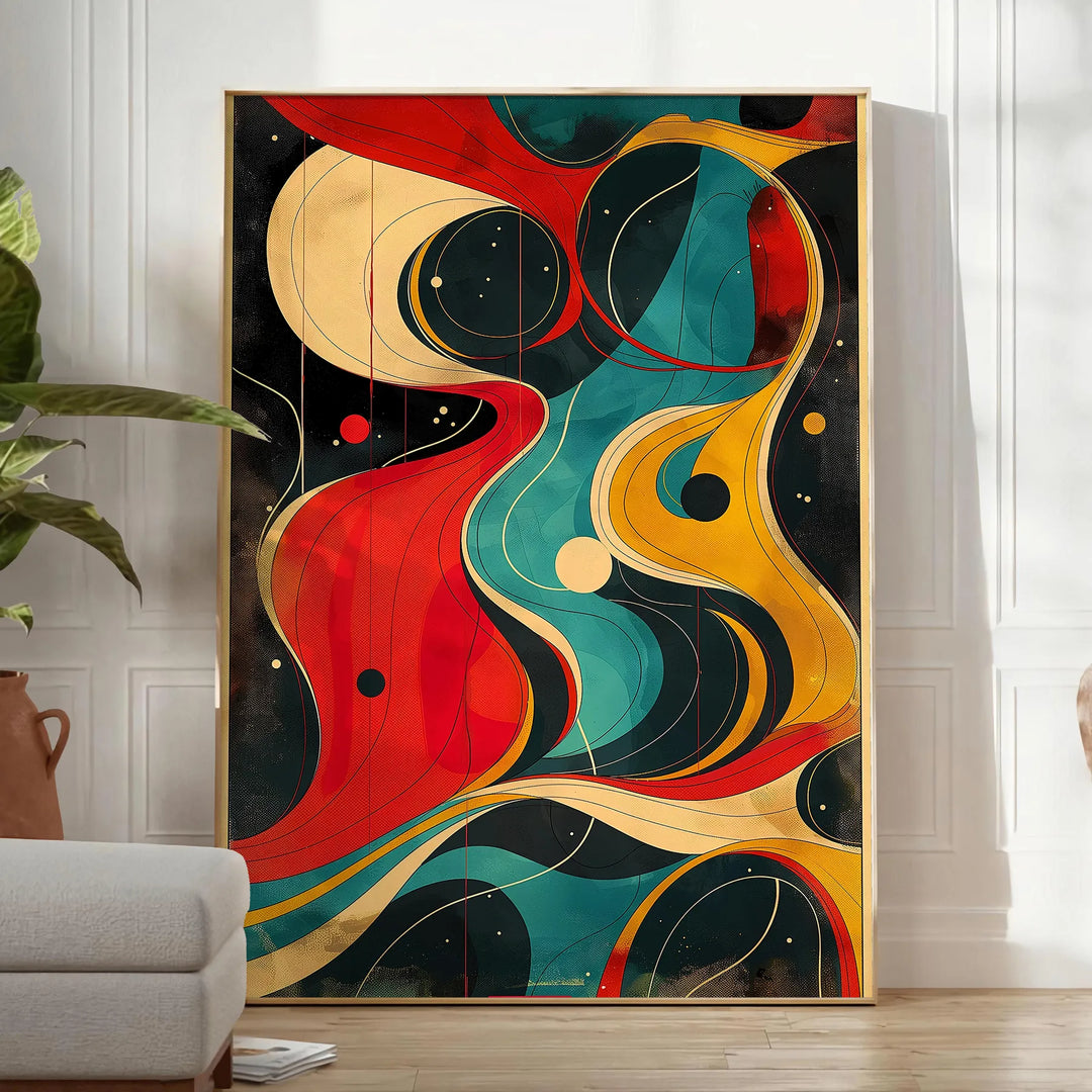 Arte abstrata em torção com tons de preto e laranja - num quarto luminoso e minimalista com planta e poltrona