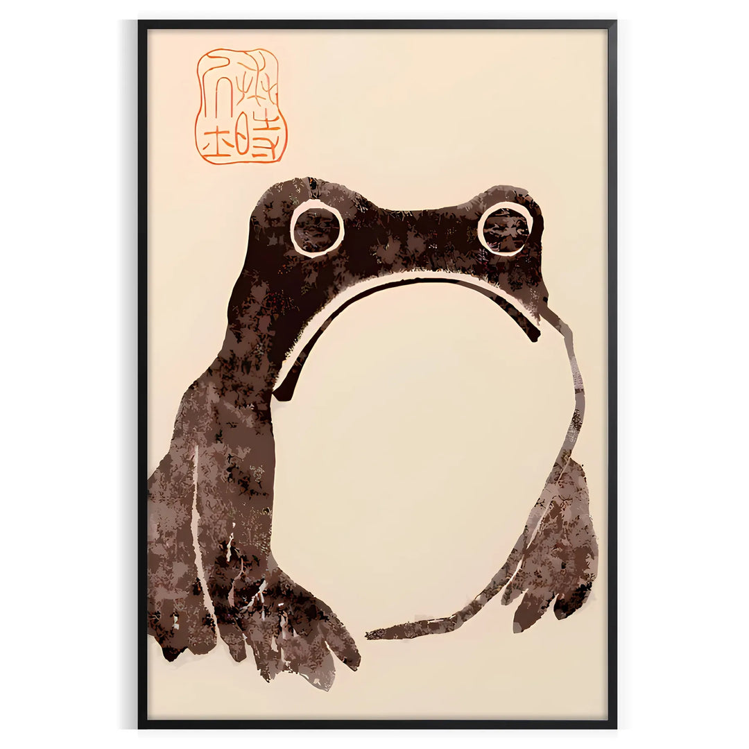 A frog with an unimpressed expression against a black and orange background