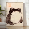 A frog with an unimpressed expression against a black and orange background - in a bright minimalist room with a plant and an armchair