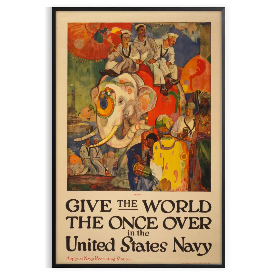 United States Navy travel poster featuring a ship in blue and red tones