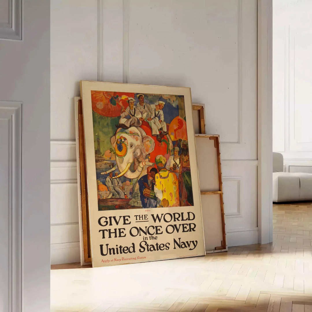 United States Navy travel poster featuring a ship in blue and red tones - leaning on a herringbone floor against a white panelled wall